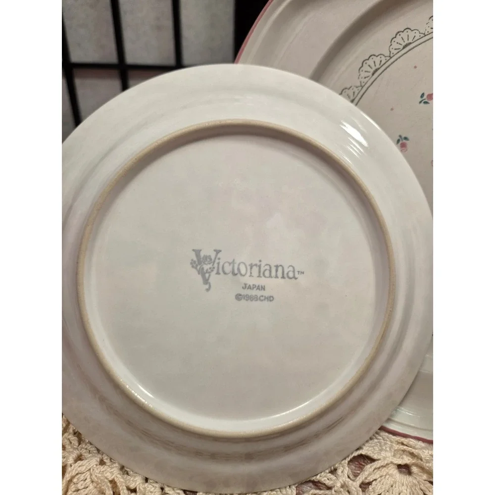 Vintage Victoriana Japan Pink Rosebud Stoneware Plate Set 1988 Cottagecore 3pc